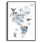 Plakat - Zwierzątka na mapie świata - Dla dzieci, Styl skandynawski, nowoczesny, biel, niebieski, brąz