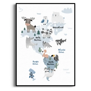 Plakat - Zwierzątka na mapie świata - Dla dzieci, Styl skandynawski, nowoczesny, biel, niebieski, brąz