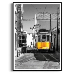 Plakat - Lizbona Żółty Tramwaj - Do Salonu Sypialni Biura, Architektura Styl Vintage Retro, Czarno Biały Żółty