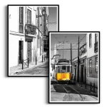 Zestaw 2 plakatów -  Lizbona Żółty Tramwaj - Do Salonu Sypialni Biura, Architektura Styl Vintage Retro, Czarno Biały Żółty