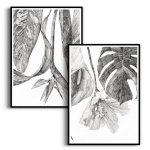 Zestaw 2 plakatów -  Szkicowane Liście i Kwiaty I - Do Sypialni Salonu Biura, Dyptyk Liście Tropikalne Monstera, Styl Boho Skandynawski, Czarno Biały