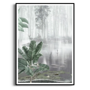 Plakat - Tropikalny krajobraz z mgłą o poranku I - Botaniczny do Jadalni, Kuchni i Salonu, Szary Zielony, Nowoczesny Loft Skandynawski