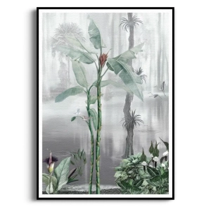 Plakat - Tropikalny krajobraz z mgłą o poranku II - Botaniczny do Jadalni, Kuchni i Salonu, Szary Zielony, Nowoczesny Loft Skandynawski 