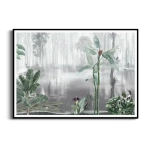 Plakat - Tropikalny krajobraz z mgłą o poranku - Botaniczny do Jadalni, Kuchni i Salonu, Szary Zielony, Nowoczesny Loft Skandynawski 