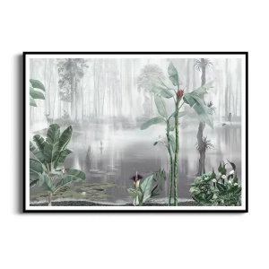 Plakat - Tropikalny krajobraz z mgłą o poranku - Botaniczny do Jadalni, Kuchni i Salonu, Szary Zielony, Nowoczesny Loft Skandynawski 