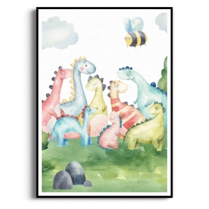 Plakat - Dinozaury Bajkowe - Do Pokoju Dziecięcego Chłopca Dziewczynki, Akwarela Kolorowy Pastelowy Styl Skandynawski Ilustracja