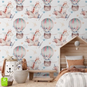 Tapeta na wymiar: Żyrafy w Samolotach i Balony - Akwarela – Styl Skandynawski i Boho, Tapeta do pokoju dziecięcego i sypialni malucha, Wielobarwna