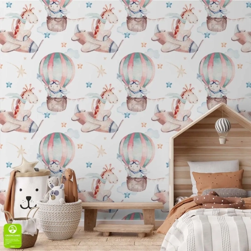 tapeta-na-wymiar-zyrafy-w-samolotach-balonach-akwarela-skandynawski-boho-pokoj-dzieciecy-wielobarwna-wnetrze1.webp