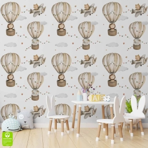 Tapeta na wymiar: Balony i Zwierzątka w Samolotach – Styl Skandynawski i Boho, Tapeta do pokoju dziecięcego, Beżowo-Szara