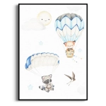 Plakat - Balony i zwierzątka - Lisek Szop do Pokoju Dziecka, Szary Błękitny Akwarela, Styl Skandynawski