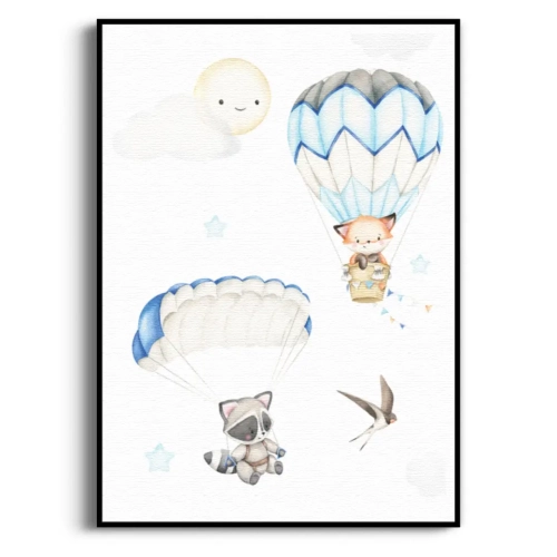 balony-zwierzatka-lisek-szop-blekitny-pokoj-dziecka-plakat-czarna.webp