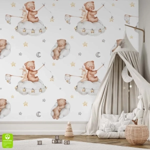 Tapeta na wymiar: Misie i Zajączki na Chmurkach - Akwarela – Styl Skandynawski i Boho, Tapeta do pokoju dziecięcego, Beżowo-Szara