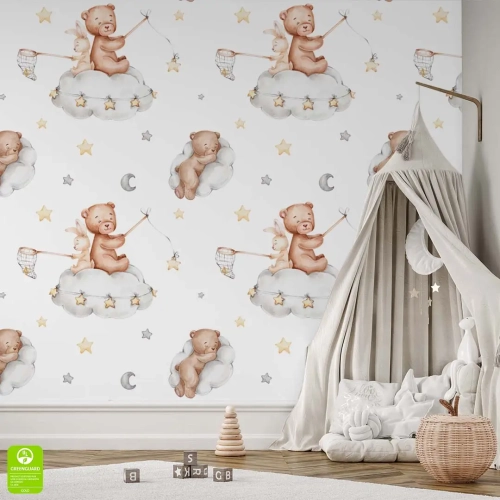 tapeta-na-wymiar-misie-zajaczki-na-chmurkach-akwarela-skandynawski-boho-pokoj-dzieciecy-bezowo-szara-wnetrze1.webp