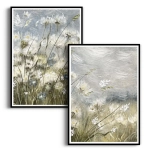 Zestaw 2 plakatów -  "Meadow Whisper" - Łąka, Akwarela, Styl Boho, Skandynawski, Salon, Sypialnia, Szaro-Niebiesko-Zielony