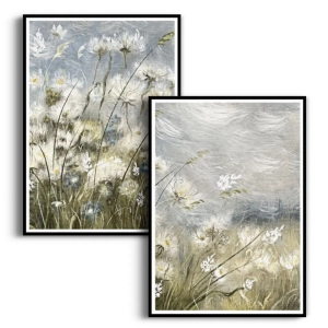 Zestaw 2 plakatów -  "Meadow Whisper" - Łąka, Akwarela, Styl Boho, Skandynawski, Salon, Sypialnia, Szaro-Niebiesko-Zielony