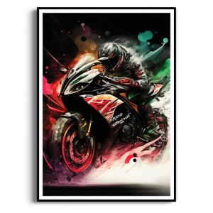 Plakat - Motocyklista Sportowy – Salon i pokój nastolatka, Czarno-Czerwony z zielonymi akcentami, Efekt 3D i Szybkość, Styl nowoczesny i industrialny