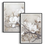 Zestaw 2 plakatów - Kwiaty Magnolii - Dyptyk do Salonu, Sypialni, Przedpokoju | Styl Japandi, Boho, Skandynawski | Beżowy, Biały