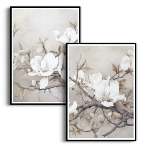 Zestaw 2 plakatów - Kwiaty Magnolii - Dyptyk do Salonu, Sypialni, Przedpokoju | Styl Japandi, Boho, Skandynawski | Beżowy, Biały