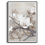 Plakat - Kwiaty Magnolii II - Do Salonu, Sypialni, Przedpokoju | Styl Japandi, Boho, Skandynawski | Beżowy, Biały