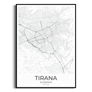 Plakat - Mapa Tirana Albania | Do Salonu, Sypialni, Biura | Styl Loft, Industrialny, Minimalistyczny, Skandynawski | Czarno-Biały, Szary,