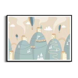 Plakat - Górski Krajobraz, Balony i Pociąg | Beżowy, Błękitny, Pastelowy | Do Pokoju Dziecięcego | Styl Skandynawski, Boho, Nowoczesny