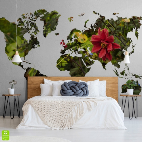 Fototapeta-Zielona-mapa-świata-na-białym-tle-z-pięknym-czerwonym-kwiatem.jpg