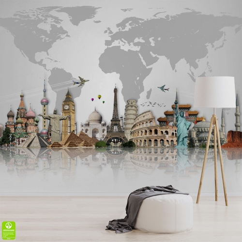 Fototapeta-Sławne-zabytki-na-tle-szarej-mapy-świata.jpg