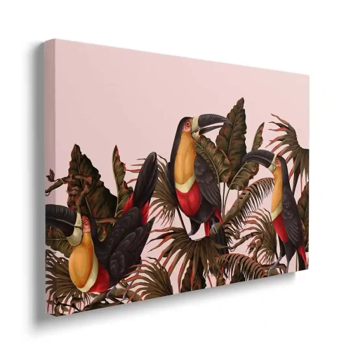 obraz-na-plotnie-papugi-wsrod-tropikalnych-lisci-bok.webp