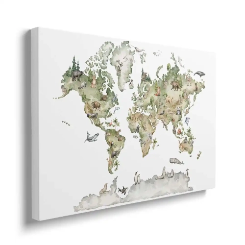 Obraz na płótnie Mapa świata ze zwierzętami dla dzieci bokiem