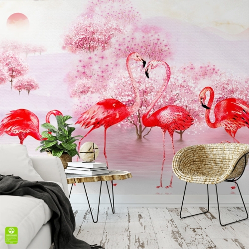 Fototapeta-Różowy-krajobraz-z-pięknymi-flamingami-na-pierwszym-planie.jpg