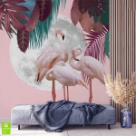 Fototapeta Flamingi i księżyc do sypialni salonu - różowa na wymiar styl boho i nowoczesny