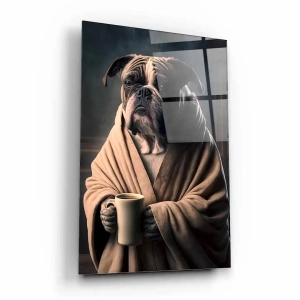 Obraz na szkle akrylowym - Pies z kubkiem kawy 