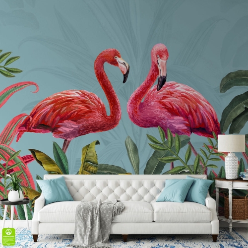 Fototapeta-Rysunek-flamingów-i-tropikalnych-liści.jpg
