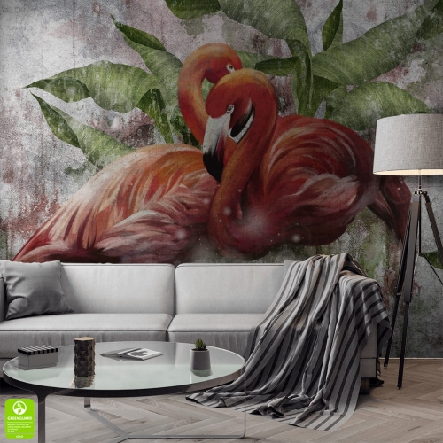 Fototapeta-Malowane-czerwone-flamingi-na-tle-tekstury-z-liści.jpg