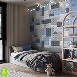 Fototapeta na wymiar „Niebieskie klocki” – geometryczny wzór inspirowany klockami do pokoju dziecięcego lub kącika zabaw