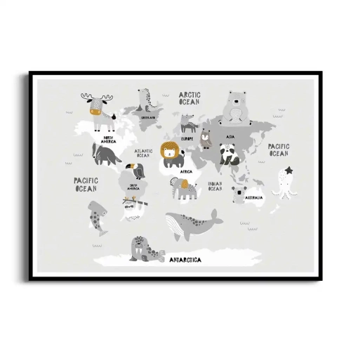 plakat-czarna-ramka-przod-szara-mapa-swiata-dla-dzieci.webp