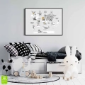 Plakat Szara mapa świata dla dzieci czarna ramka w pokoju