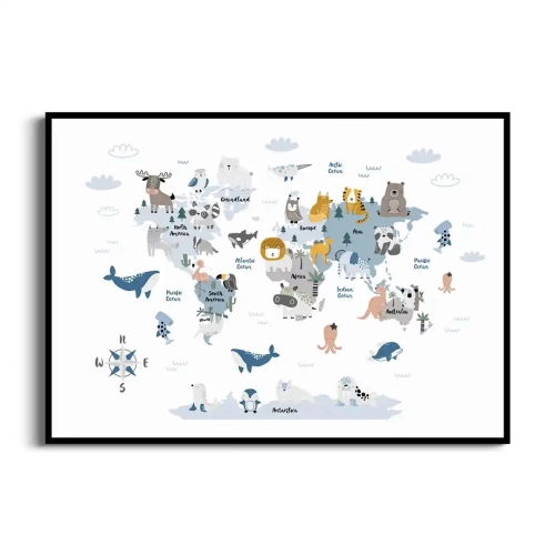 plakat-czarna-ramka-przod-zwierzatka-na-mapie-swiata-dla-dzieci.webp