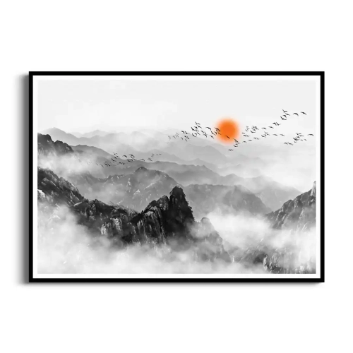 plakat-czarna-ramka-przod-szare-gory-i-pomaranczowe-slonce.webp
