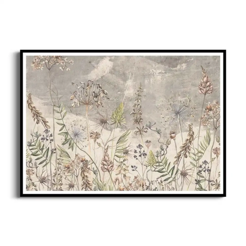 Plakat łąka z polnymi kwiatami w stylu vintage czarna ramka