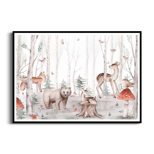 plakat do pokoju dziecka bajkowy las ze zwierzętami czarna ramka
