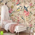 Fototapeta na Wymiar Kwiaty Ptaki Róże – Do Sypialni Pokoju Dziecięcego | Pastelowa Różowa Chinoiserie Boho