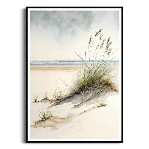 plakat-czarna-ramka-przod-krajobraz-piaszczystej-plazy-trzcina-morska.webp