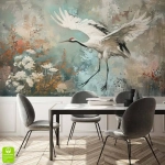 Fototapeta na wymiar : Majestatyczny biały żuraw w locie - Malarski Styl do jadalni i salonu, Niebiesko-Beżowa