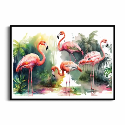 Plakat Bajkowy krajobraz z parą różowych flamingów w jeziorze czarna ramka