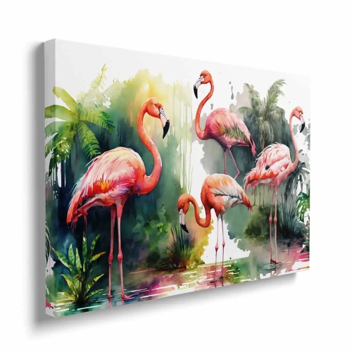 Obraz na płótnie para różowych flamingów w jeziorze bokiem