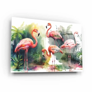 Obraz na szkle akrylowym - Bajkowy krajobraz z parą różowych flamingów w jeziorze