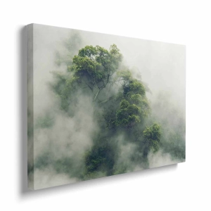 Obraz na płótnie „Zamglone korony drzew” – nastrojowy pejzaż leśny do salonu, sypialni lub biura, styl skandynawski i nowoczesny