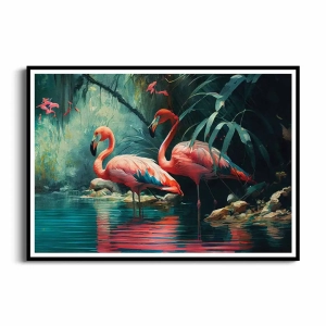 Plakat - Para przepięknych różowych flamingów w stawie