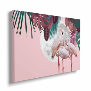 Obraz na płótnie - Piękne flamingi na tle księżyca i tropikalnej roślinności